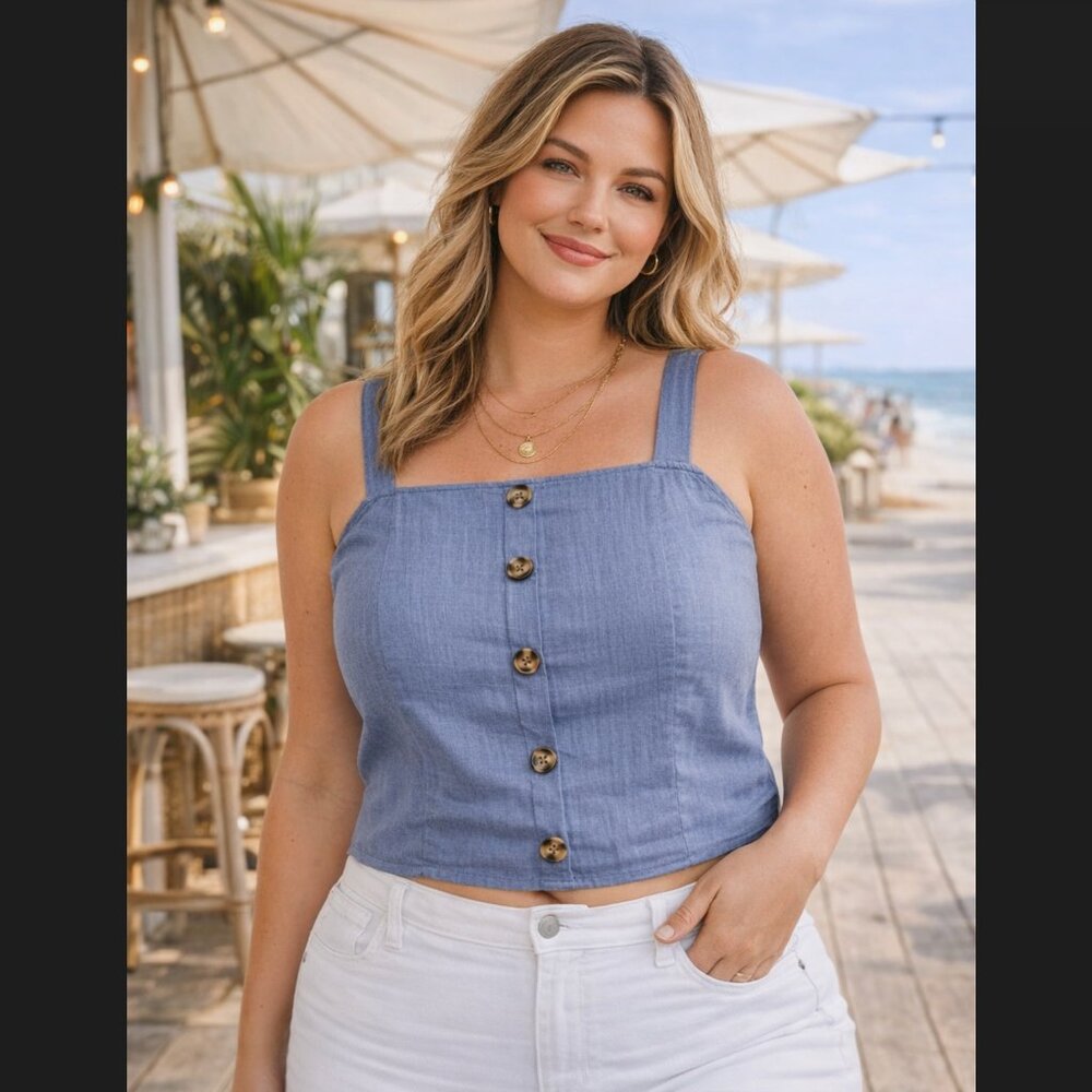 Torrid Chambray Crop Cami Top 3X 22 24 Blue Button Front Square Neck Smocked NWT
